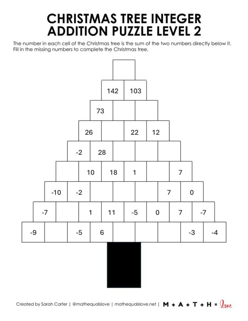 Christmas Tree Integer Addition Puzzle Level 2.