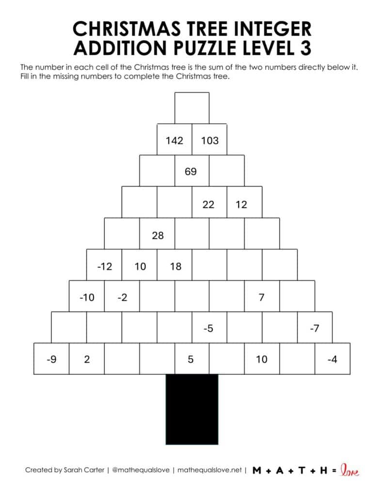 Christmas Tree Integer Addition Puzzle Level 3. 