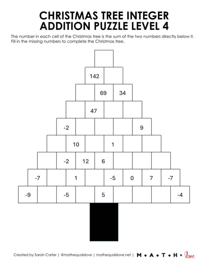 Christmas Tree Integer Addition Puzzle Level 4.