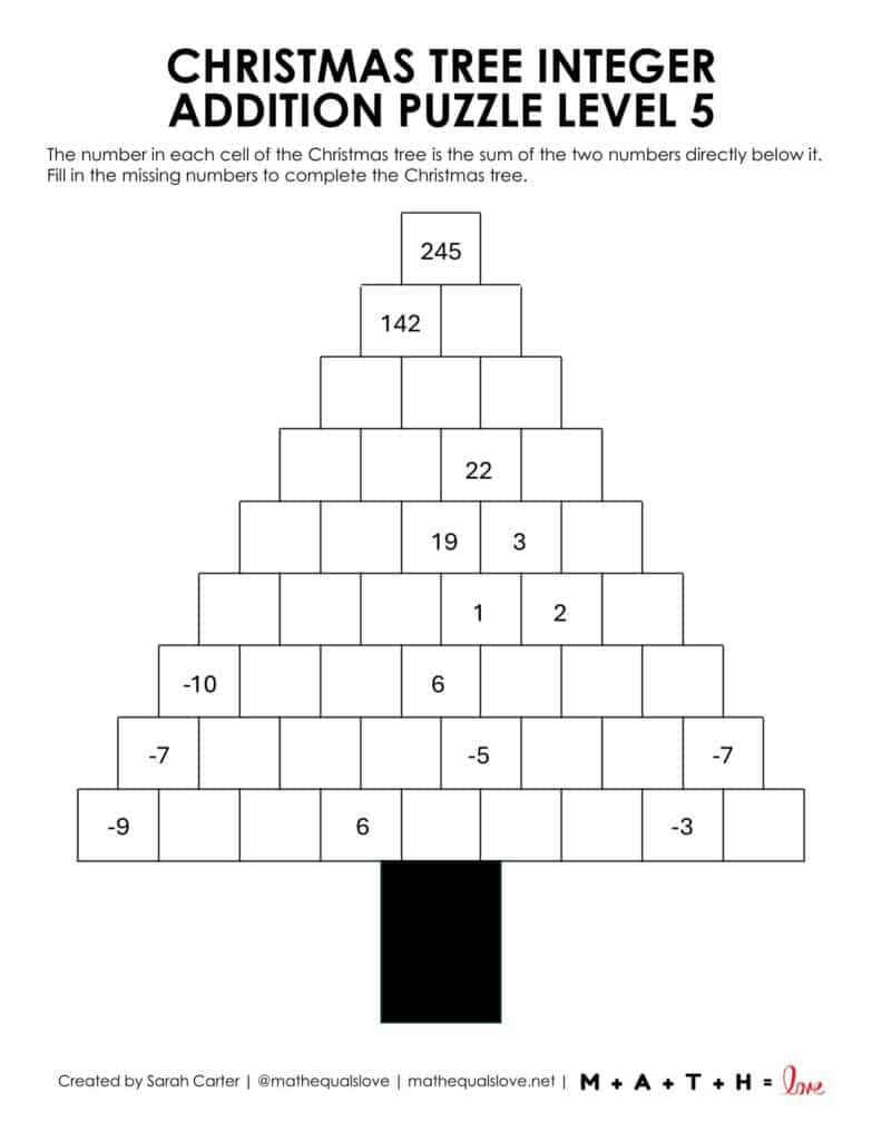 Christmas Tree Integer Addition Puzzle Level 5. 