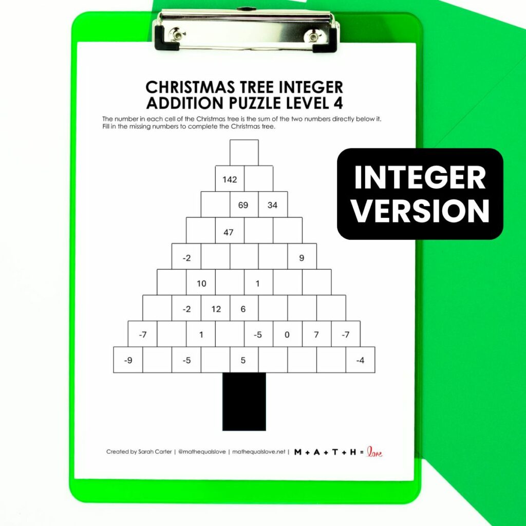 Christmas Tree Integer Addition Puzzle on Green Clipboard. with bubble of text "integer version"