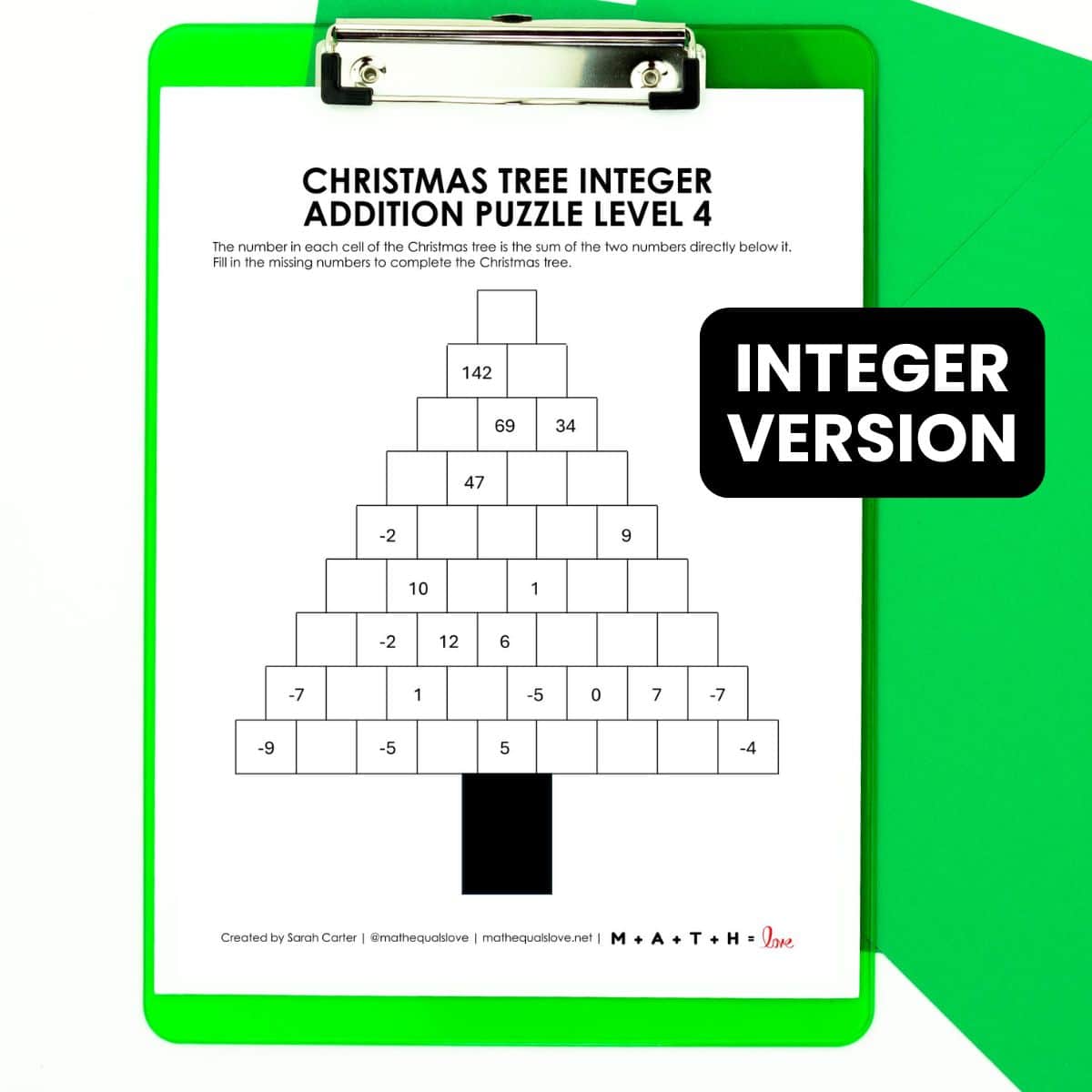 Christmas Tree Integer Addition Puzzle on Green Clipboard. with bubble of text "integer version"