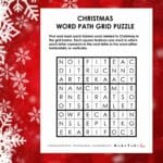 Christmas Word Path Grid Puzzle with snowflakes in background.