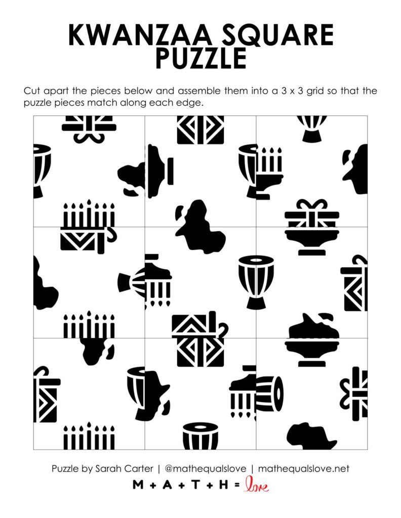 Kwanzaa Square Edge Matching Puzzle Printable PDF. 