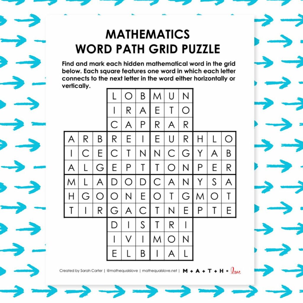 mathematics word path grid puzzle. 