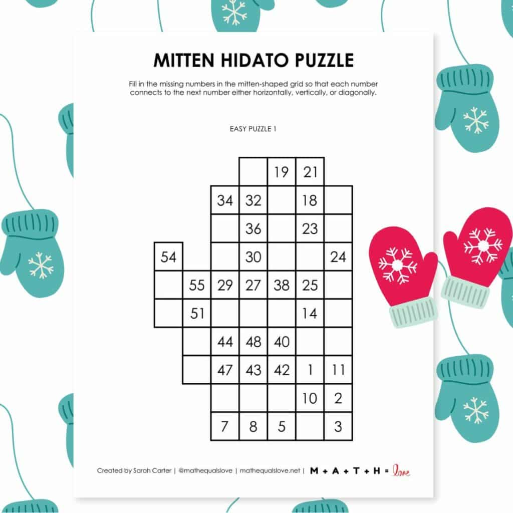 mitten shaped hidato puzzles for winter logic puzzle fun