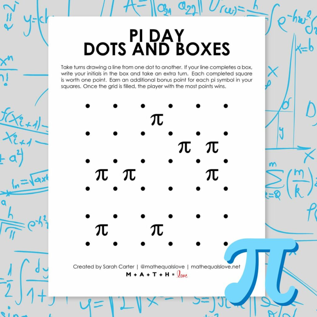 pi day dots and boxes game with pi symbols. 