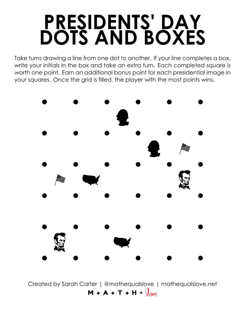 presidents' day dots and boxes game screenshot. 