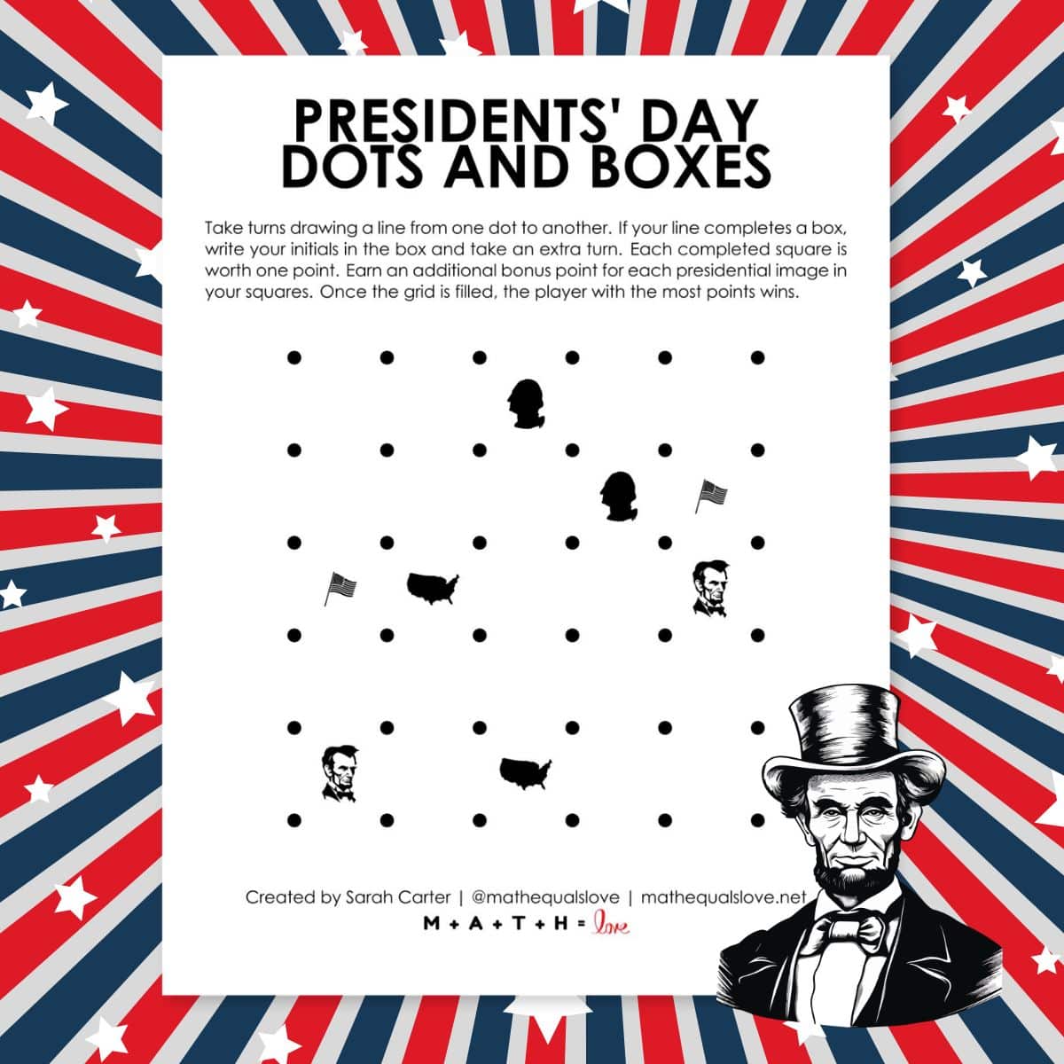 Presidents' Day Dots and Boxes Game.