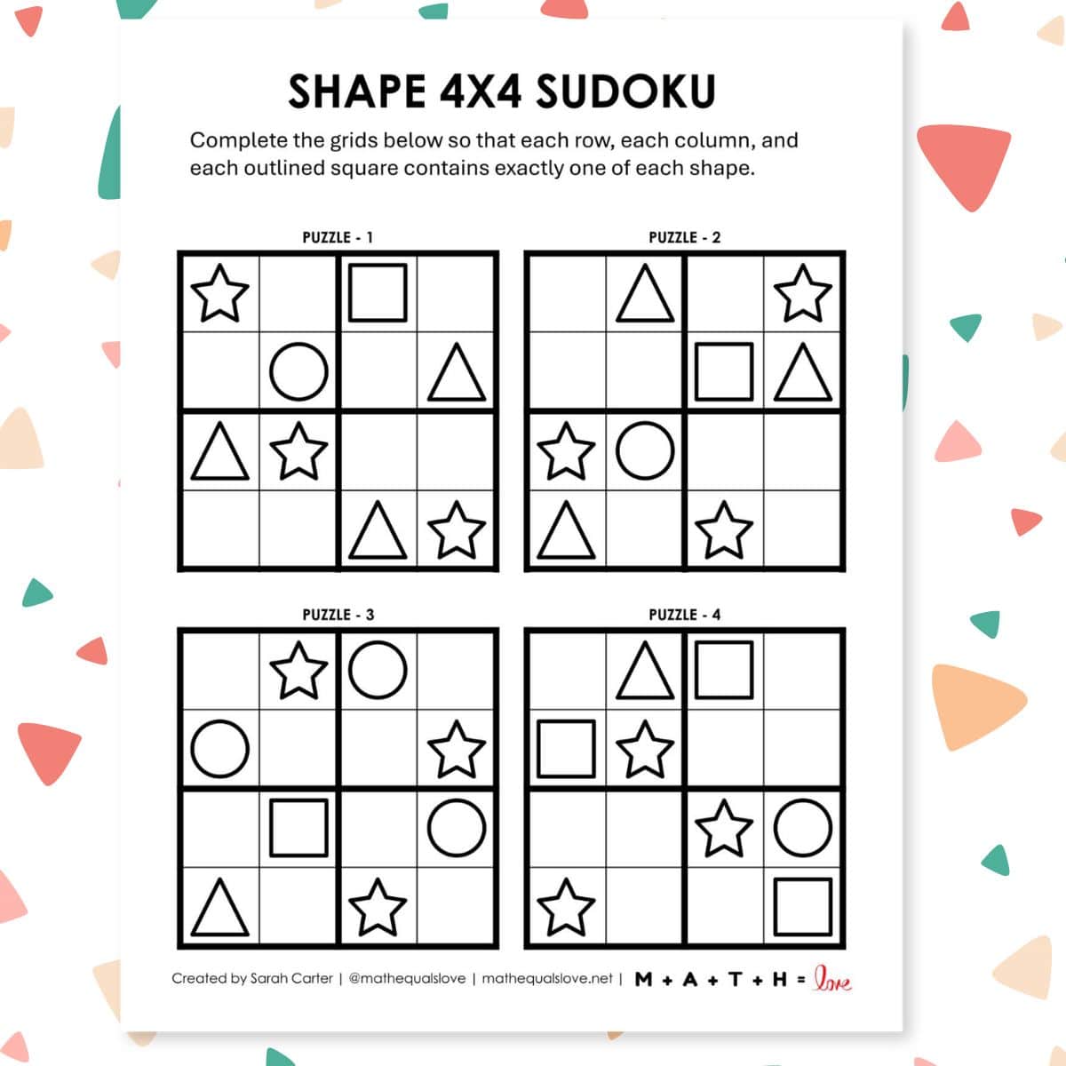 Shape Sudoku Puzzles - 4x4 [Free Printable PDF]