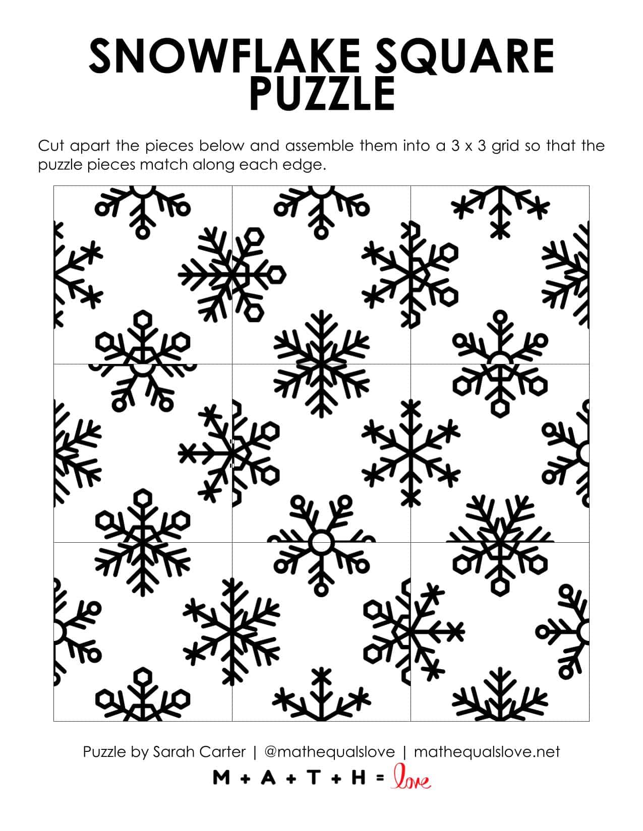 Winter Snowflake Square Edge Matching Puzzle [Free PDF]