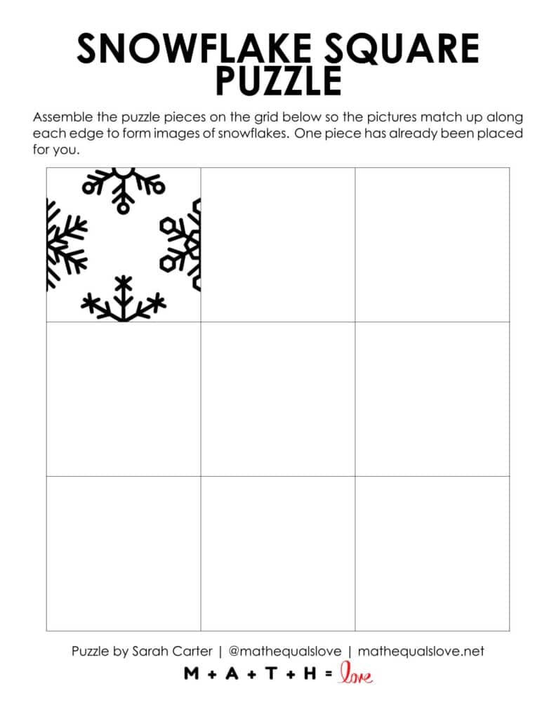 page with starting hint for snowflake square edge matching puzzle. 