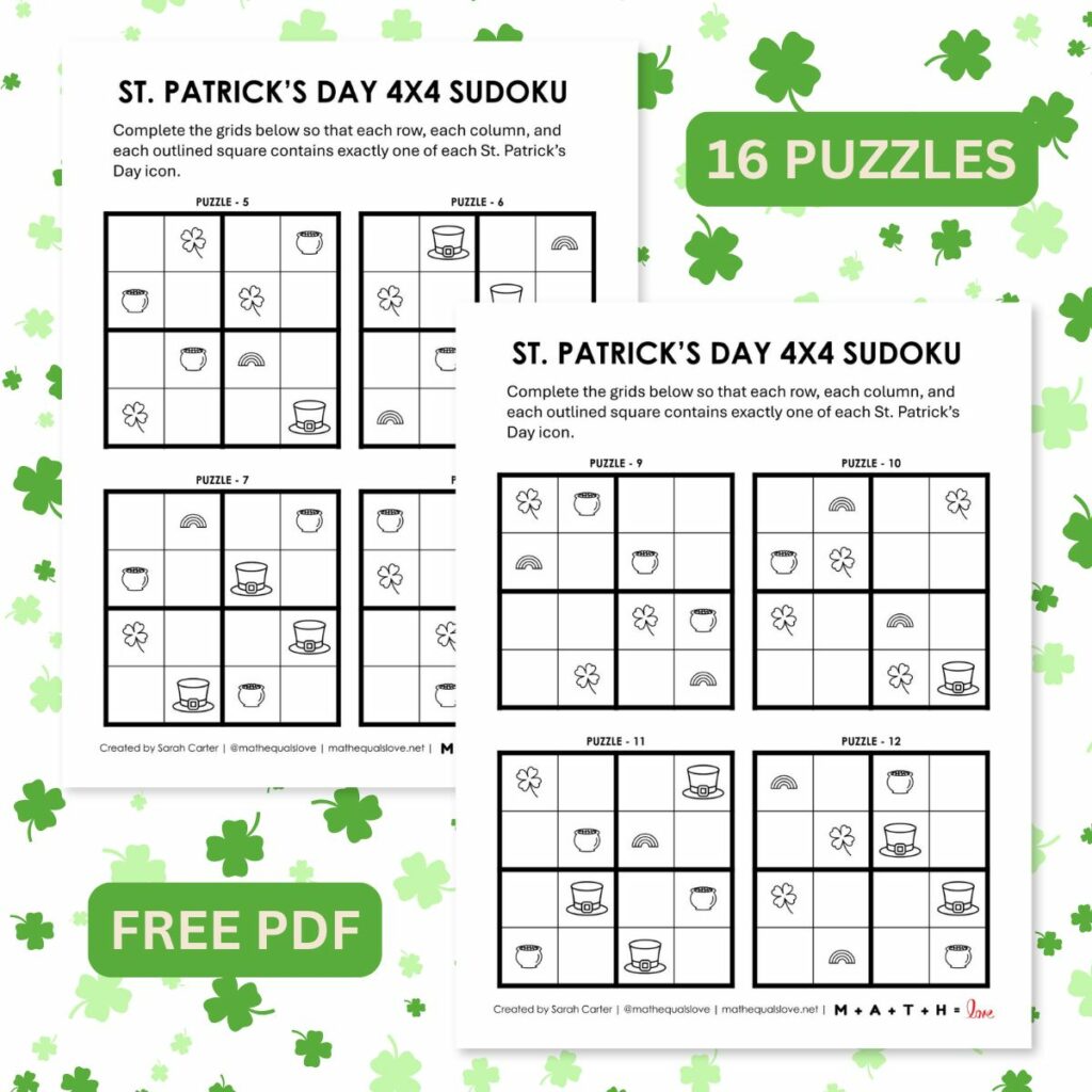 St Patrick's Day Easy 4x4 Sudoku Puzzles - Printable PDFs with Pictures. 