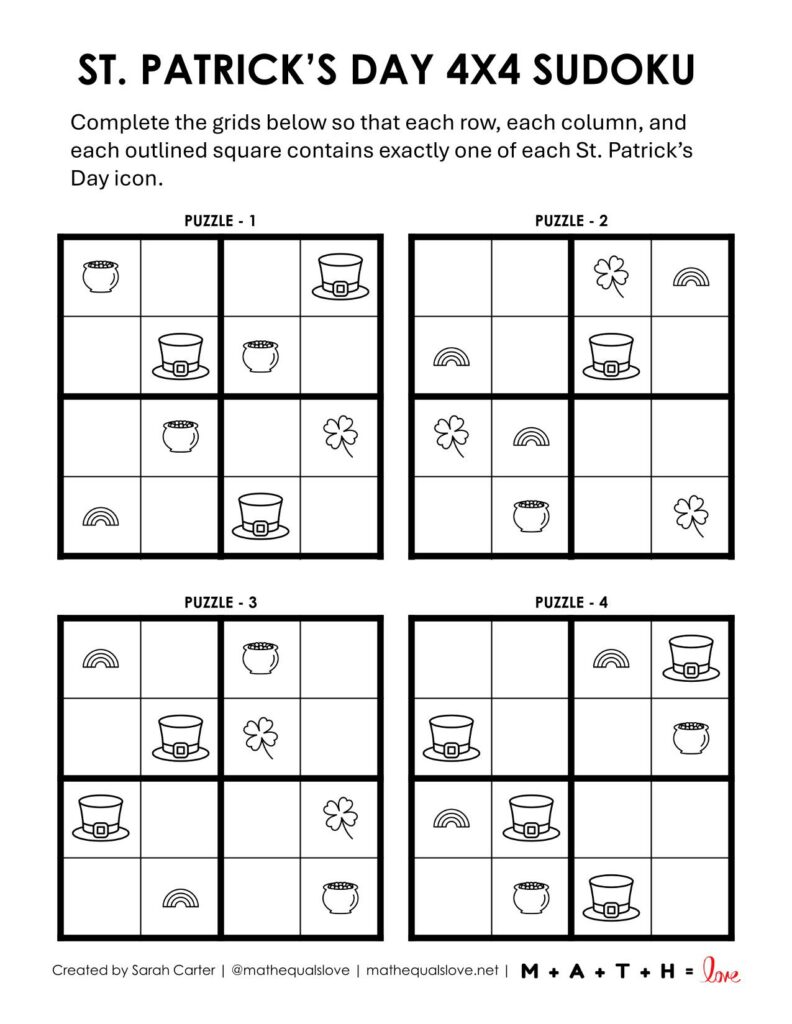 St Patrick's Day easy picture sudoku page 1. 