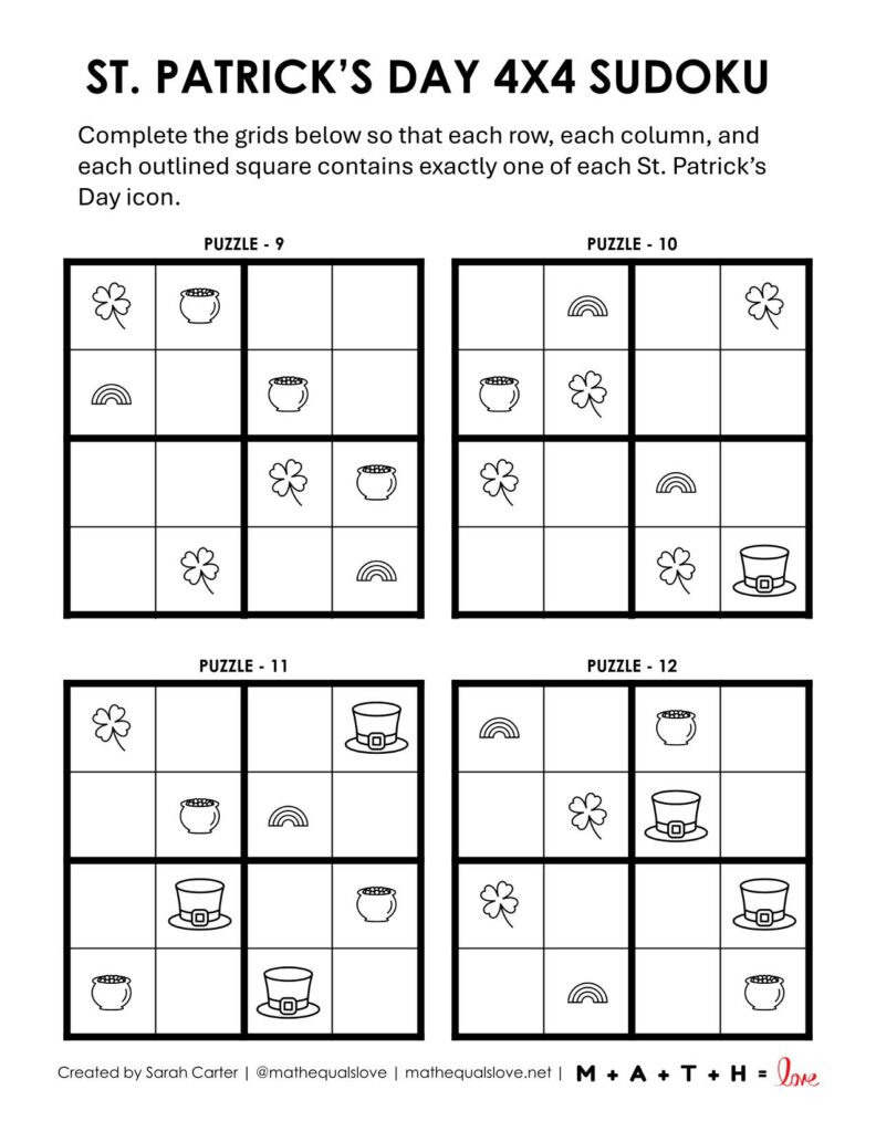 st patricks day sudoku puzzles with pictures - 4x4 easy puzzles. 