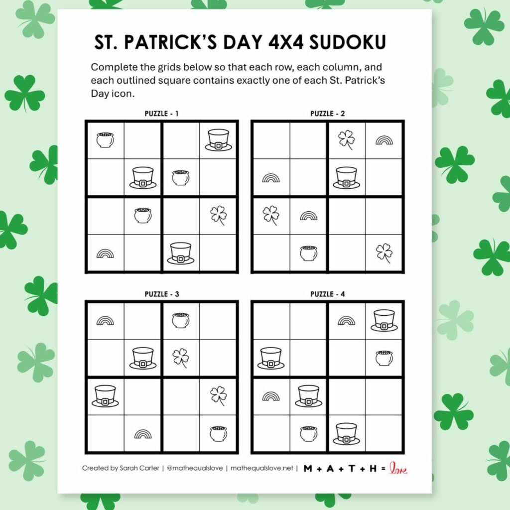 St Patrick's Day Sudoku 4x4 Easy Puzzles with PIctures. 