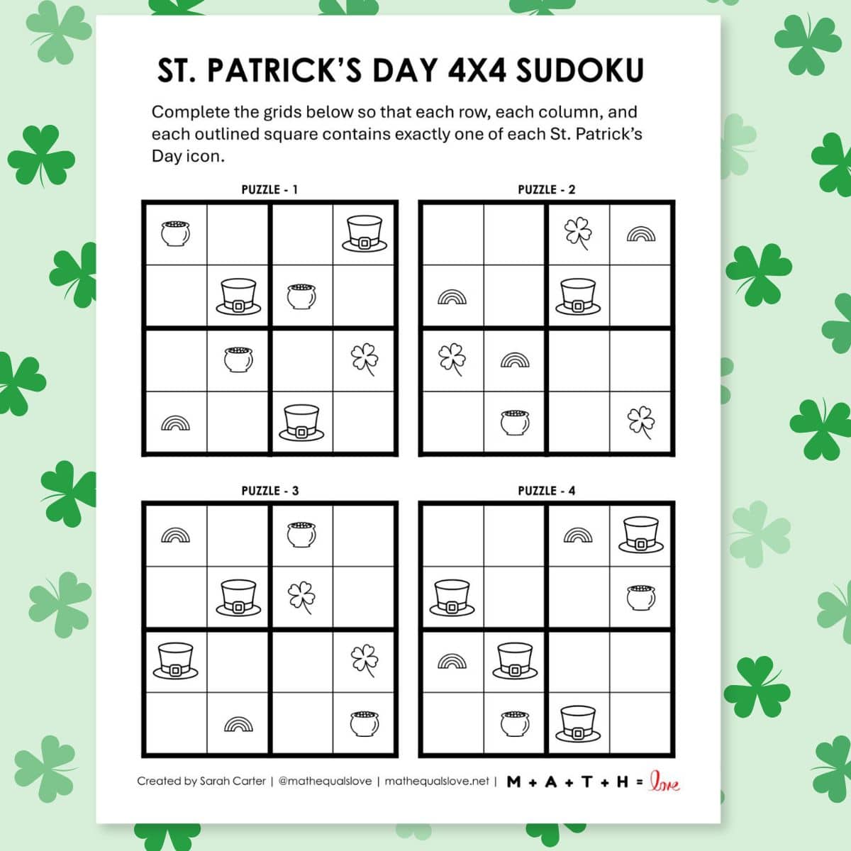 St Patrick's Day Sudoku 4x4 Easy Puzzles with PIctures.