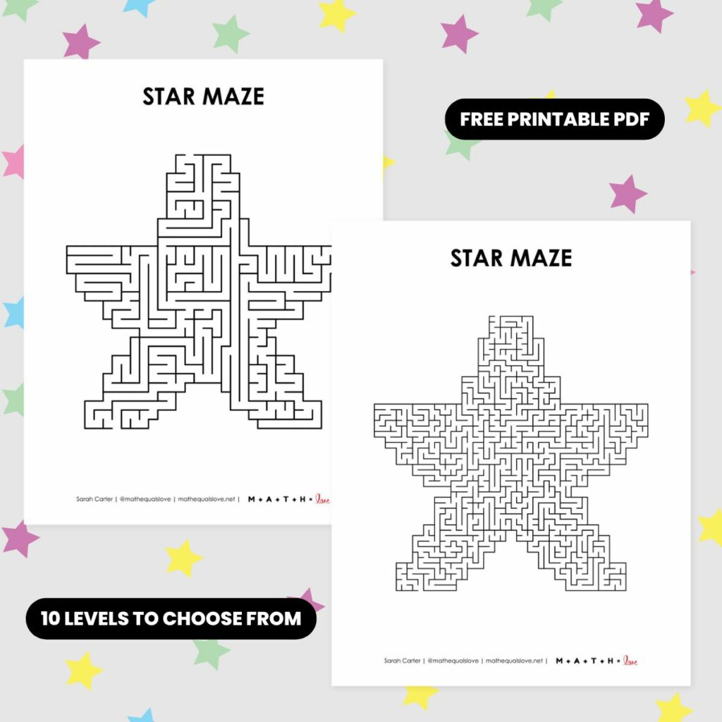 printable star maze in 10 different levels. free pdf. 