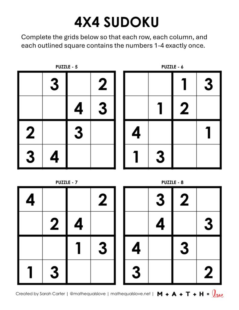 sudoku printable 4x4 puzzles. page 2. 