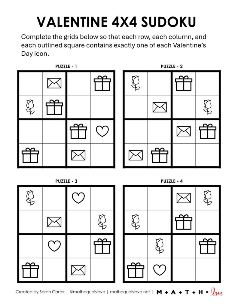 easy valentine's day sudoku puzzles - 4x4 free printable. 