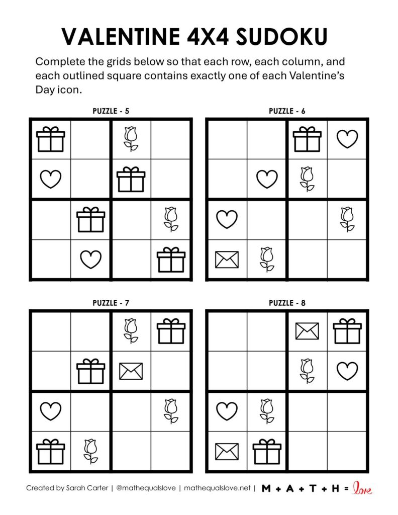 page 2 of valentine's day easy sudoku 4x4 puzzles. 