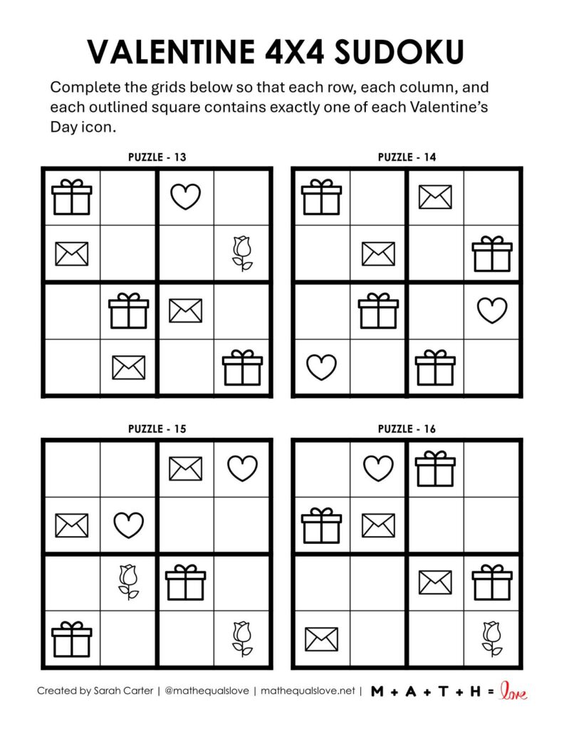 easy valentine sudoku - 4x4 free printable pdf. 