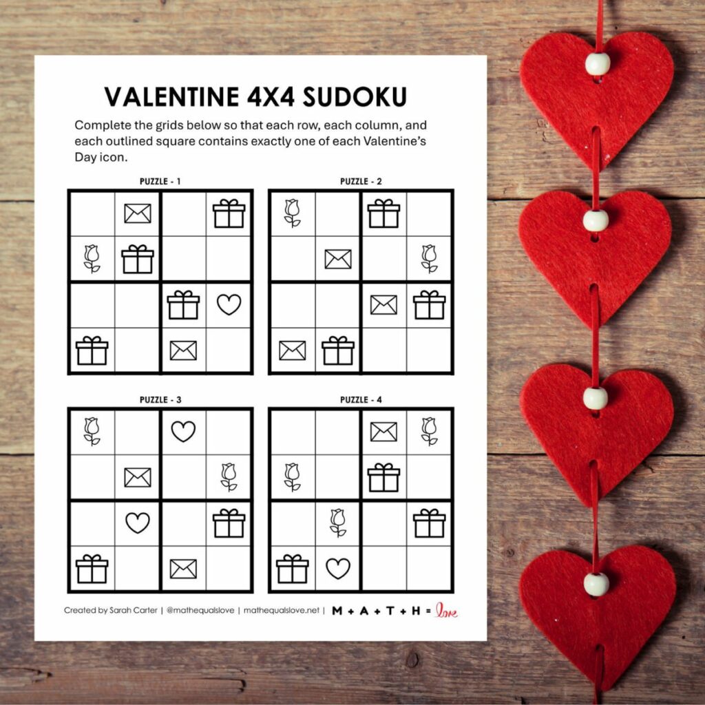 valentine's day sudoku puzzles - easy 4x4 level puzzles. 