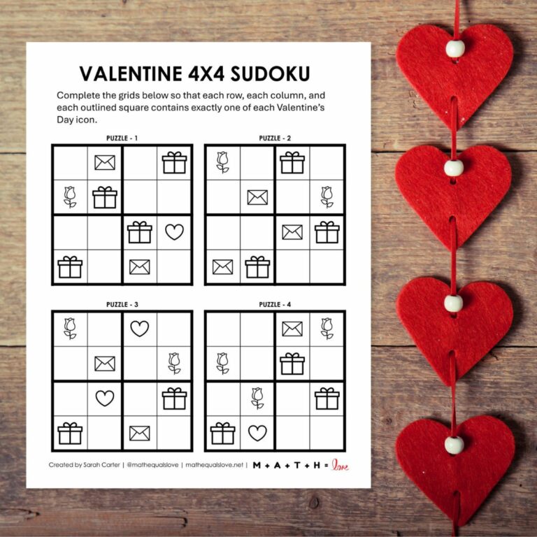 valentine's day sudoku puzzles - easy 4x4 level puzzles.