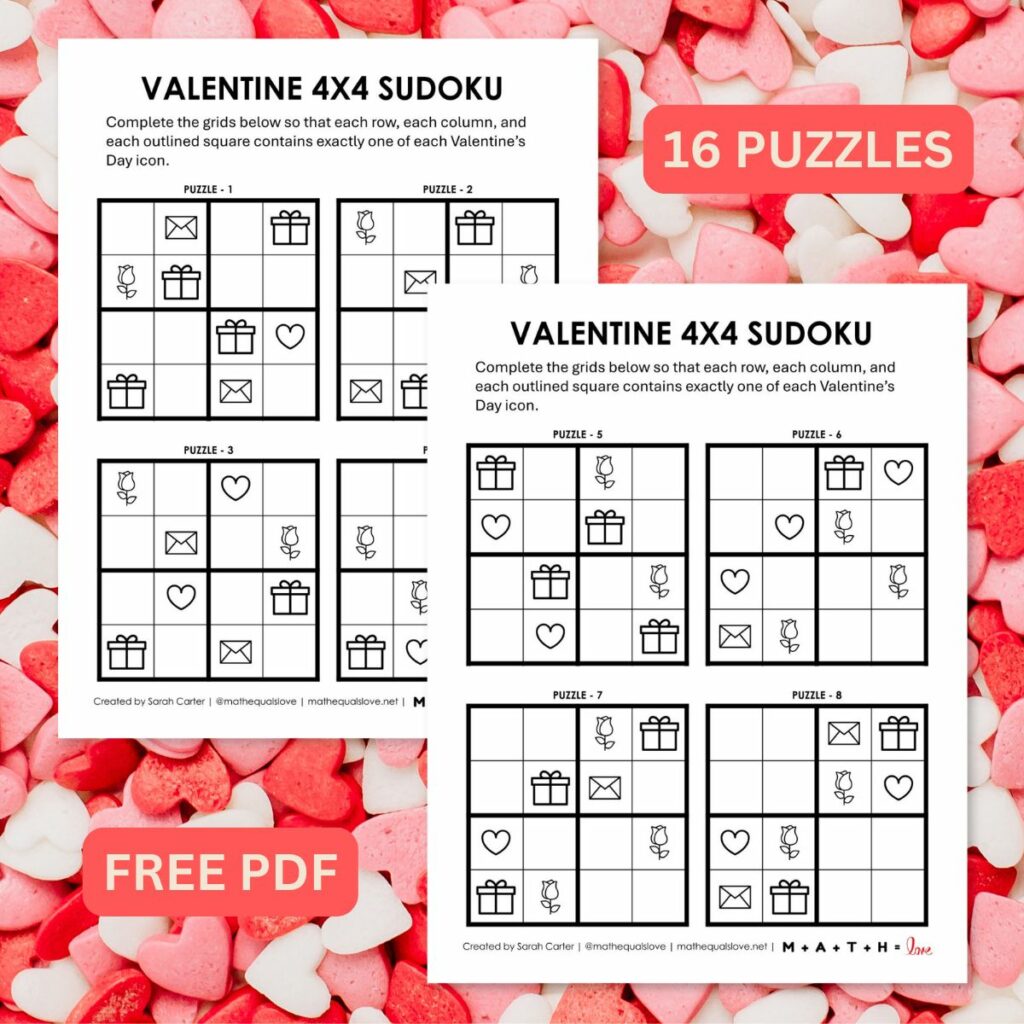 Valentine's Day Sudoku 4x4 Easy Puzzles. 