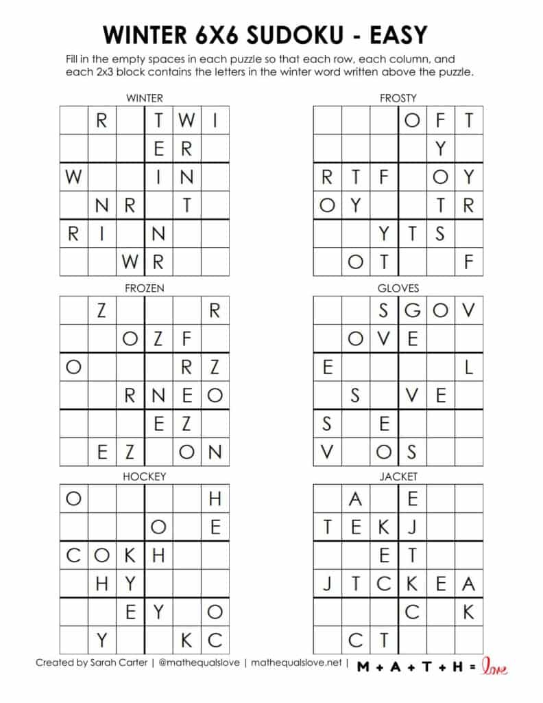 winter sudoku puzzle with words 6x6 easy. 