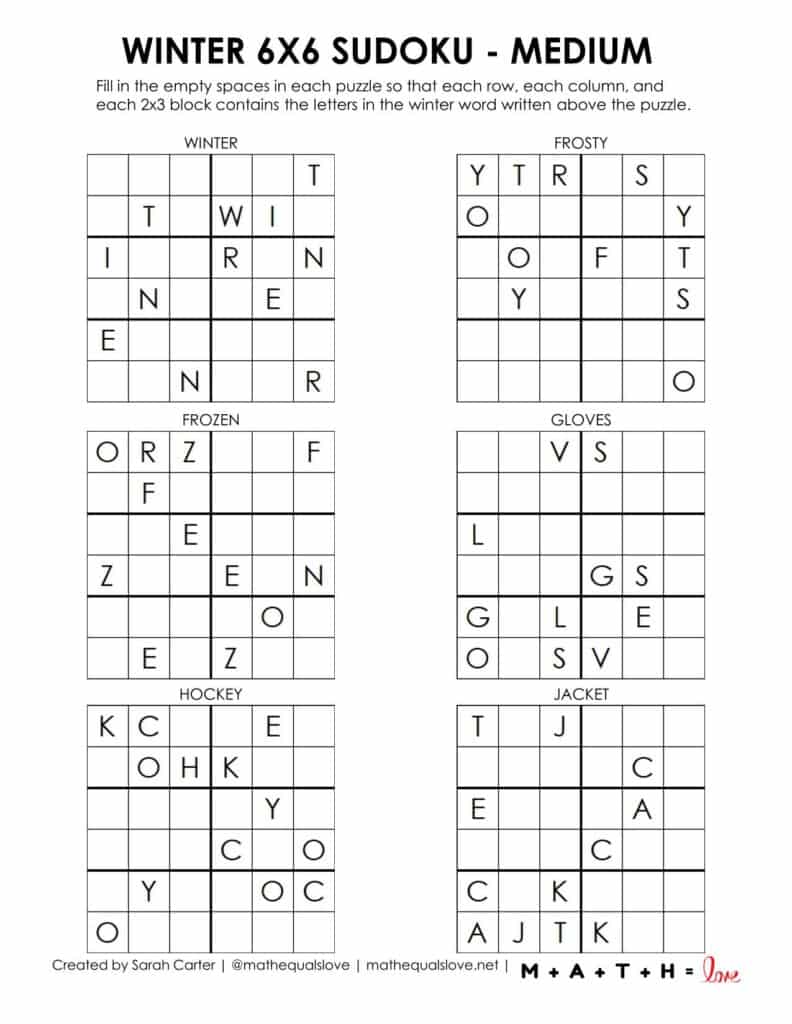 Winter sudoku 6x6 puzzle with words level medium. 