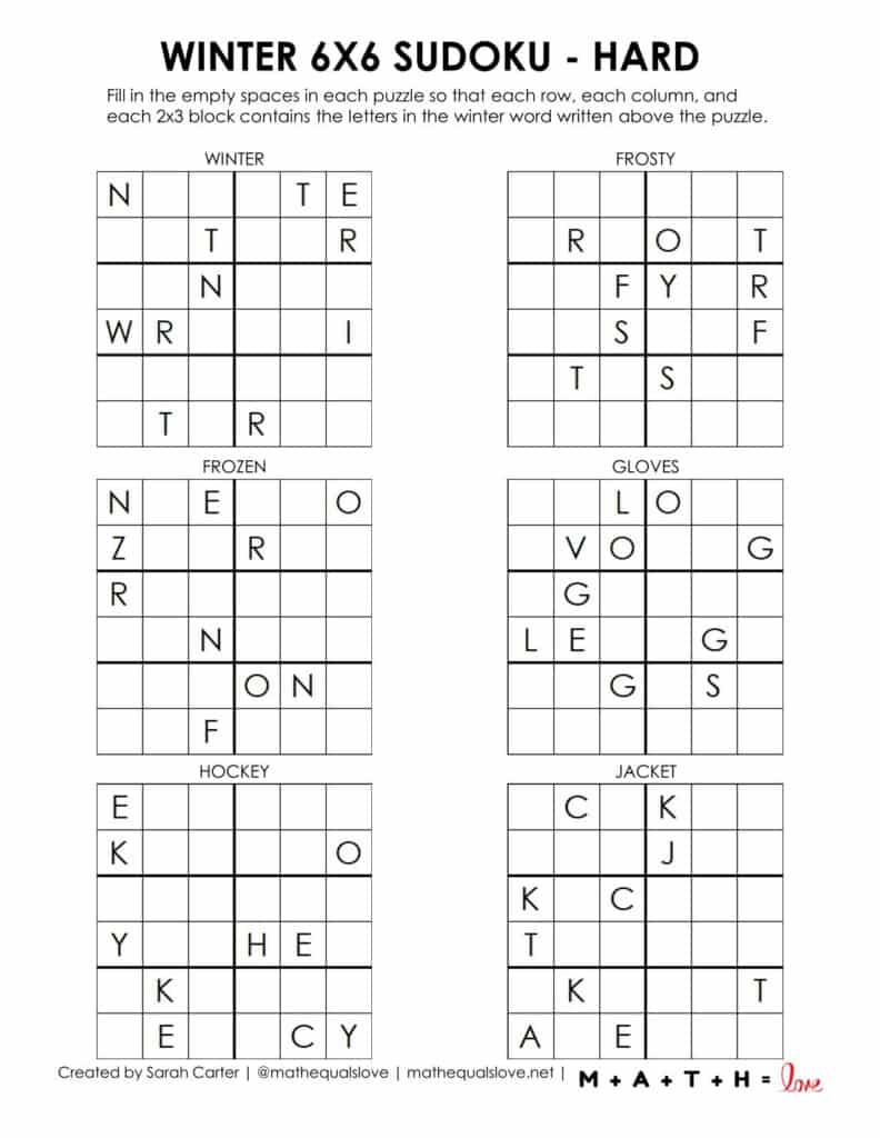 winter sudoku puzzle 6x6 with words - level hard. 