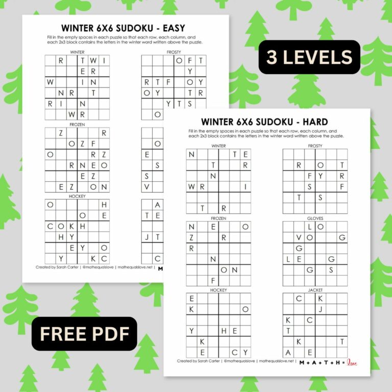 free printable winter sudoku puzzles for kids 6x6 easy.