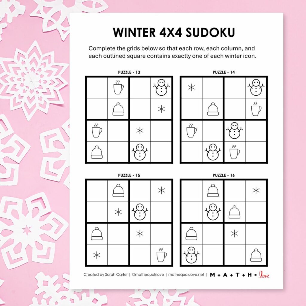 Winter Sudoku 4 x 4 for kids free printable pdf. 