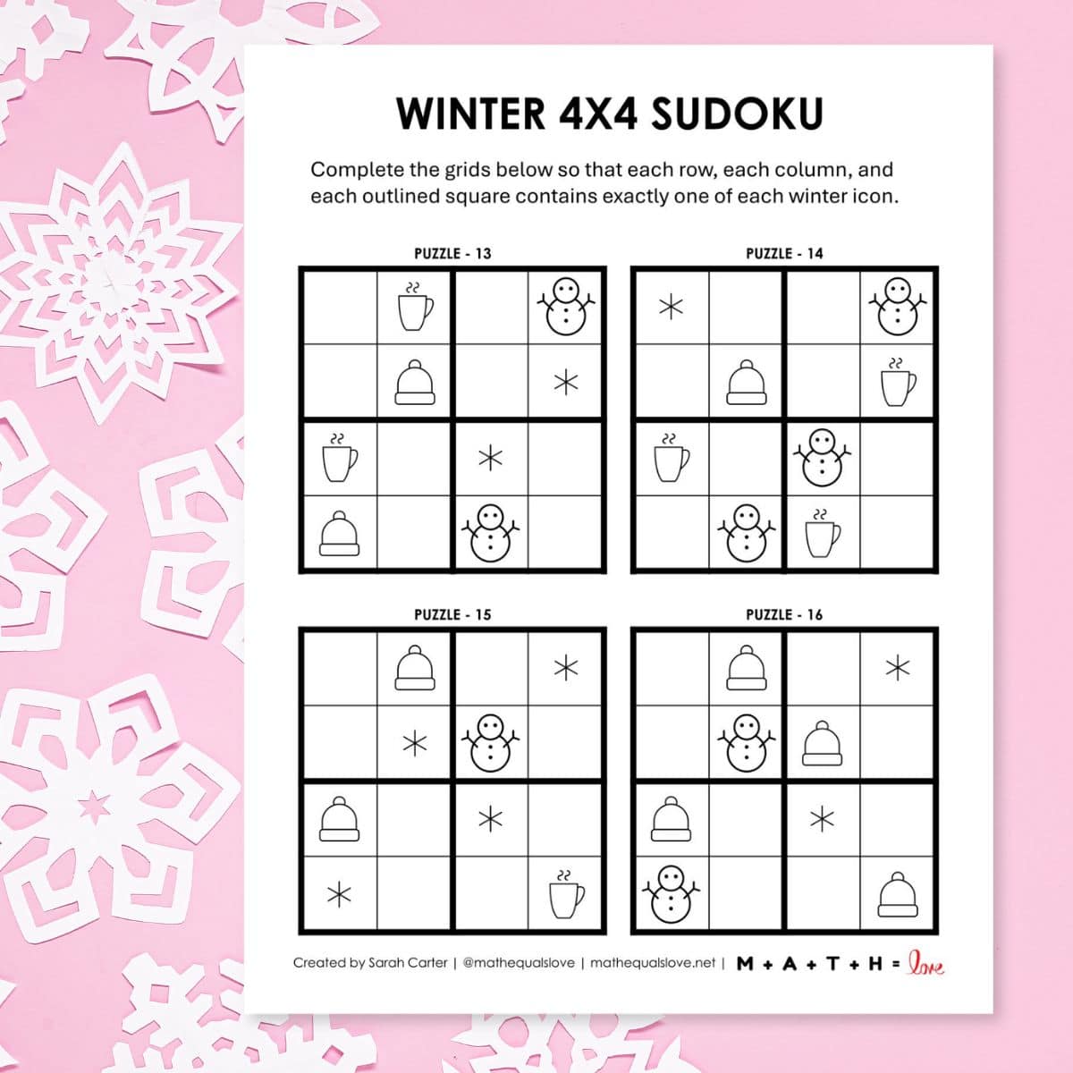 Winter Sudoku 4 x 4 for kids free printable pdf.