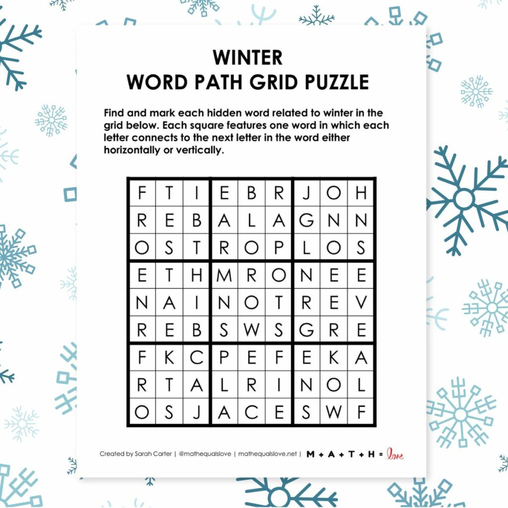 winter word path grid puzzle. 