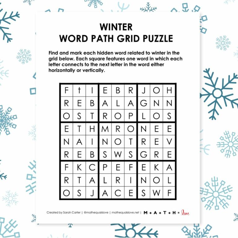 winter word path grid puzzle.