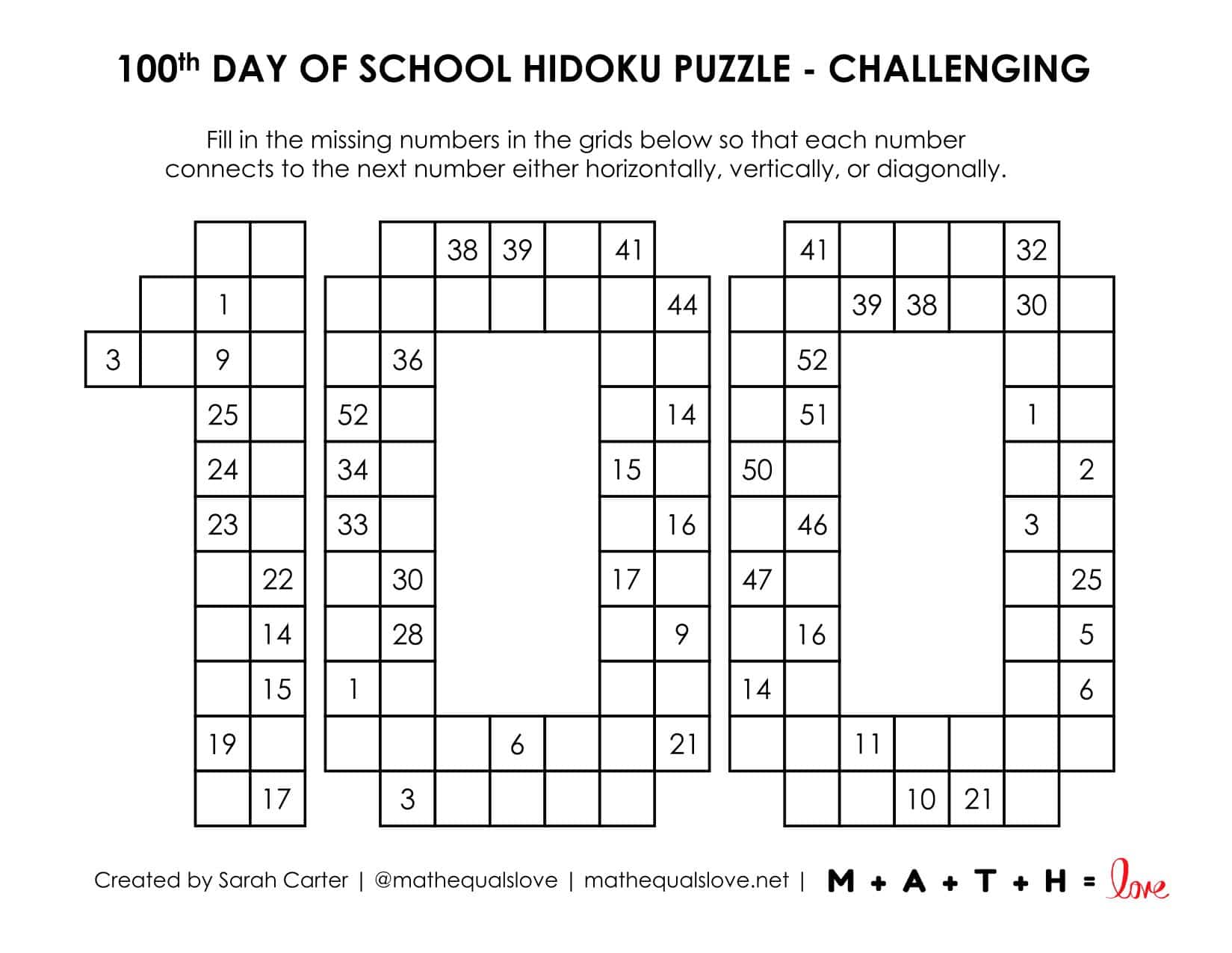 100th Day of School Hidoku Logic Puzzles | Math = Love