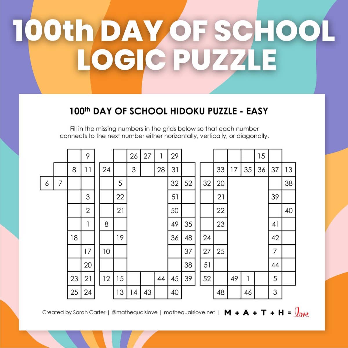 100th day of school hidoku logic puzzles.