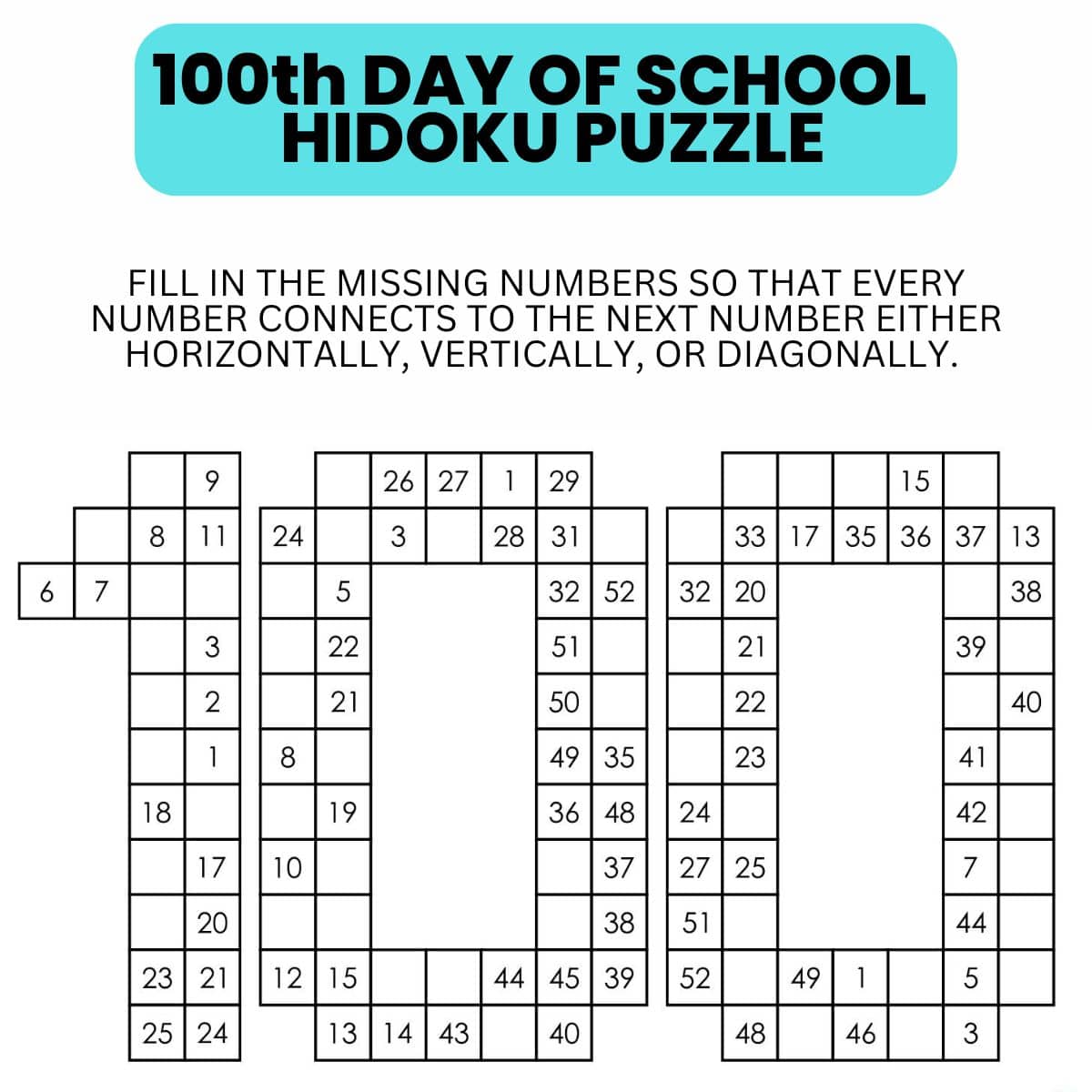 100th Day of School Hidoku Logic Puzzles | Math = Love