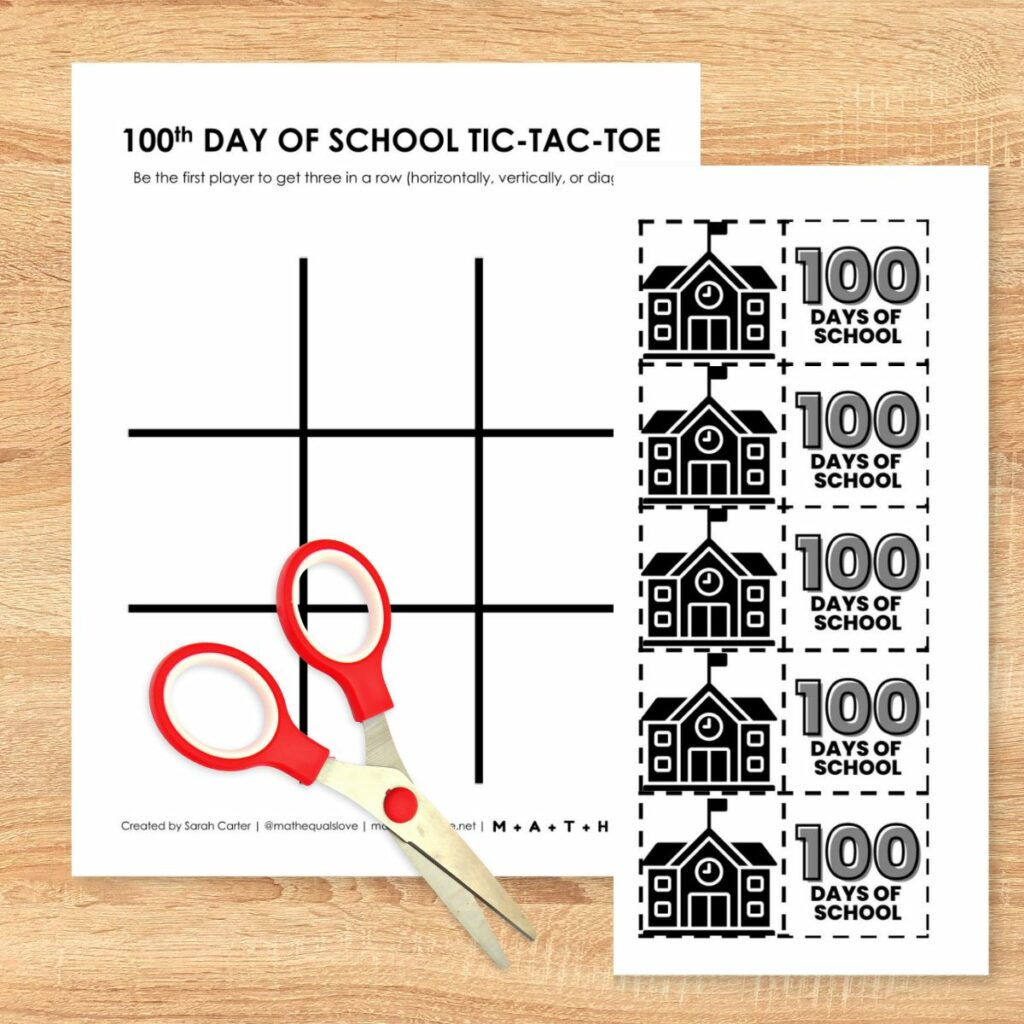 100th day of school tic tac toe board with scissors showing where to cut. 