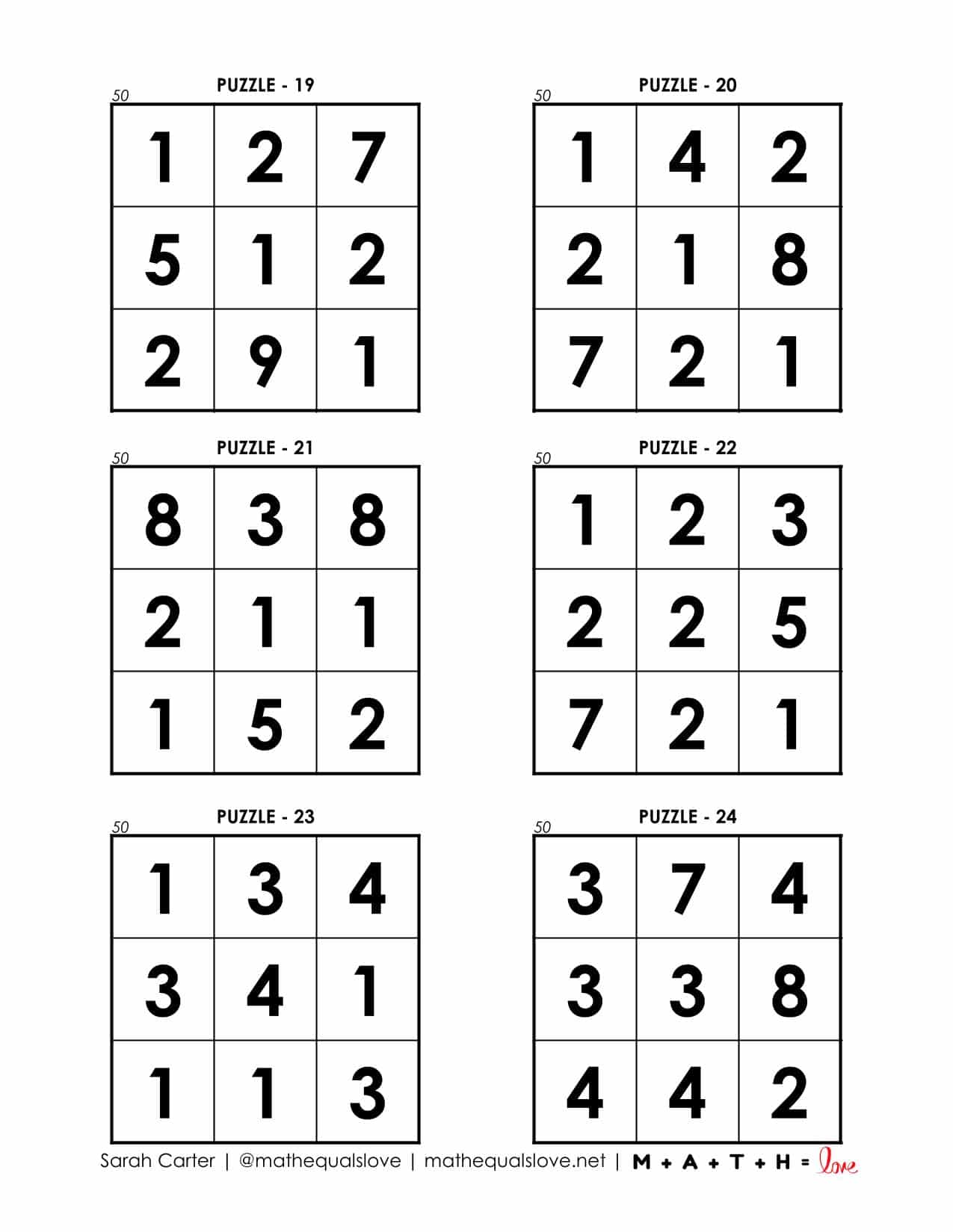 50 Square Digit Addition Logic Puzzles | Math = Love