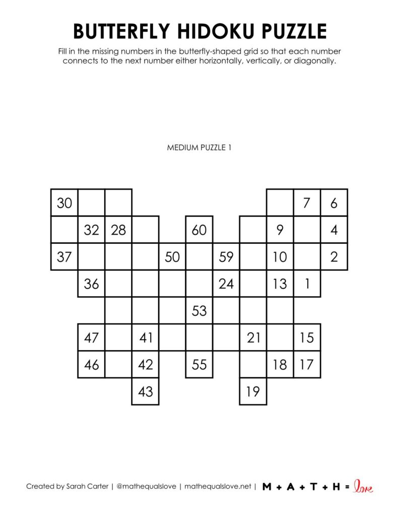 hidoku logic puzzle butterfly shaped screenshot. 