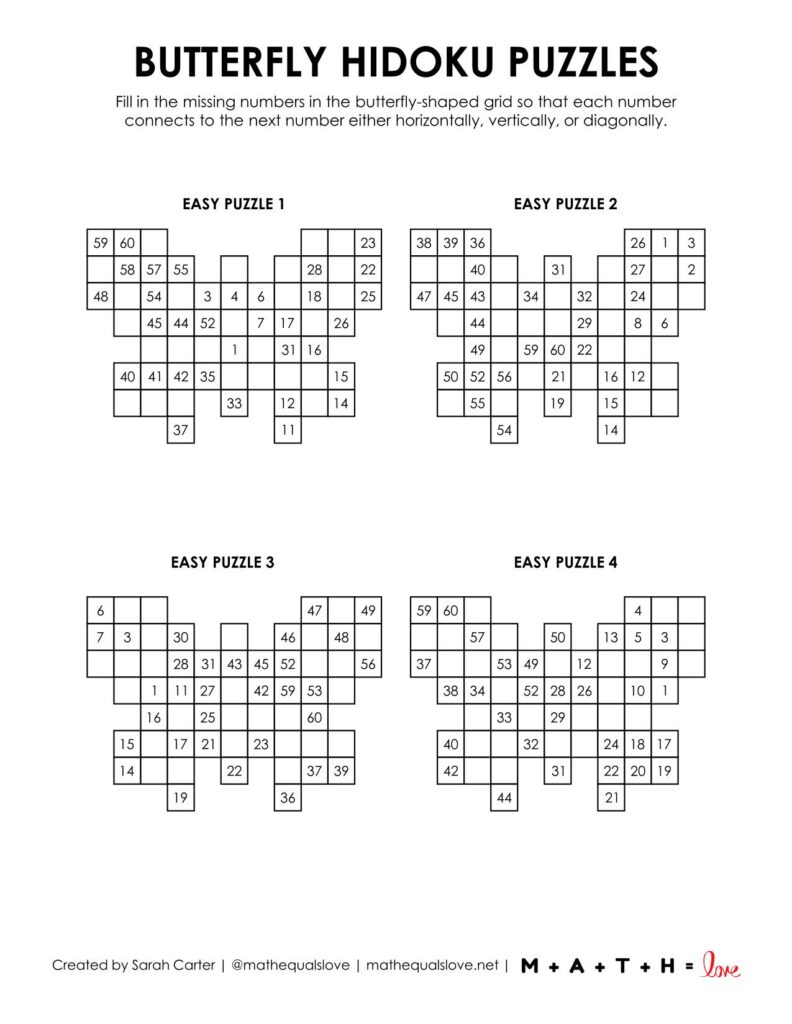 butterfly hidoku logic puzzles - level easy. 