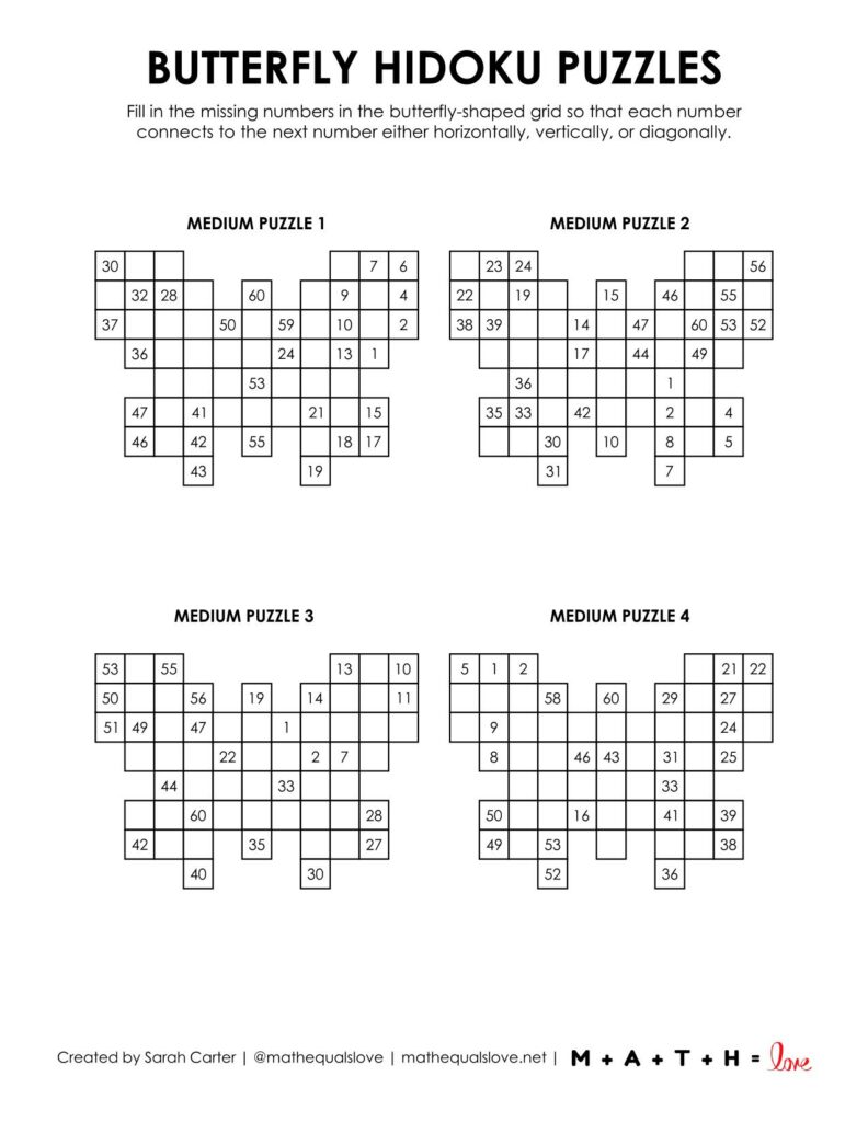 medium level butterfly hidoku logic puzzles. 