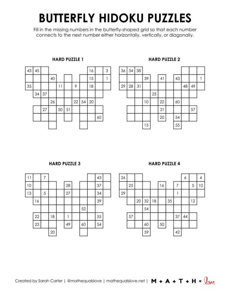 hard level of butterfly hidoku logic puzzles. 