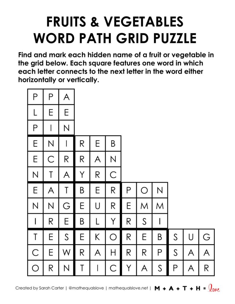screenshot of fruits and vegetables word path grid puzzle. 
