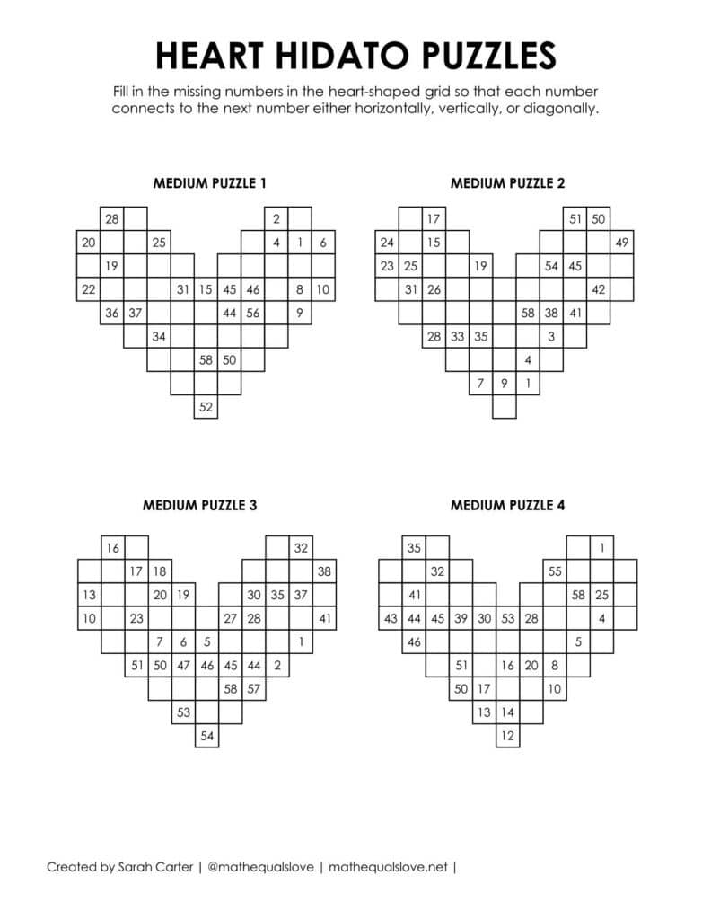 heart hidato puzzles - level medium. 