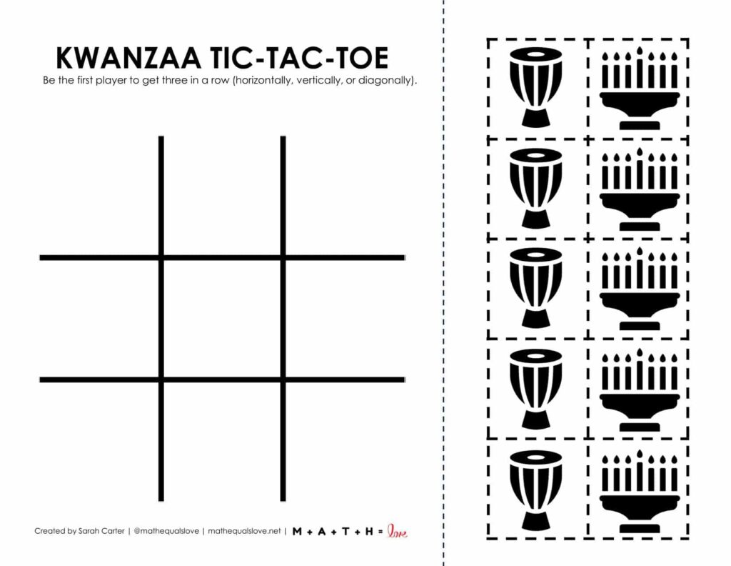 screenshot of kwanzaa tic tac toe game board printable. 
