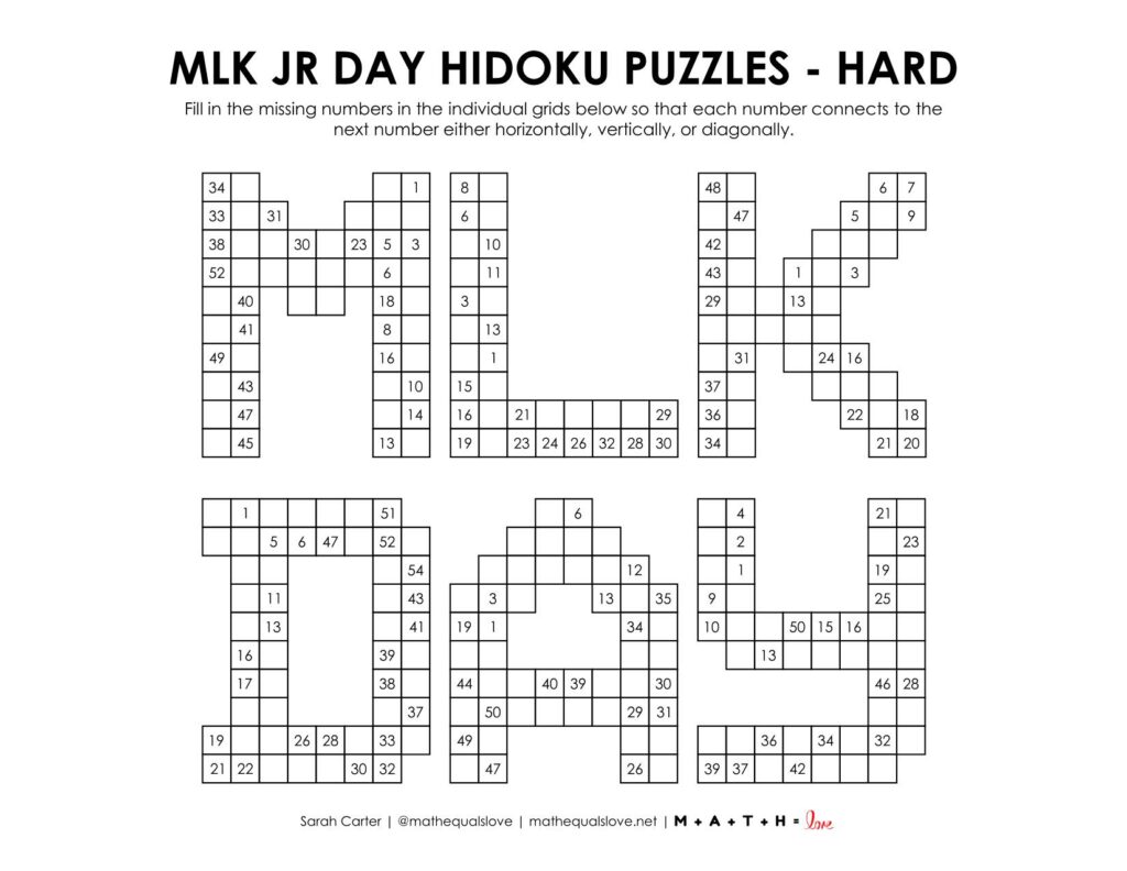 mlk day hidoku puzzles level hard. 